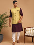 Vastramay Men's Yellow Jacquard Nehru Jacket with Kurta Pyjama Set
